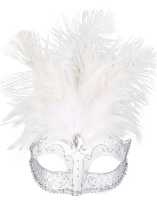 Carmela White Feathered Eye Mask | Buy Online - The Costume Company | Australian & Family Owned 