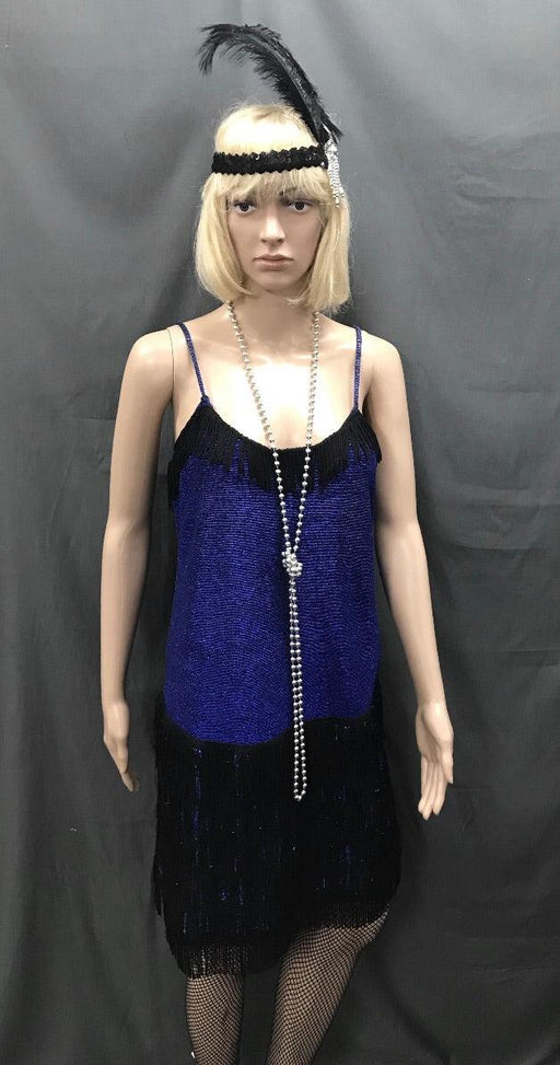 Flapper Dress Roaring 20's Blue Shimmer with Black Trim - Hire - The Costume Company