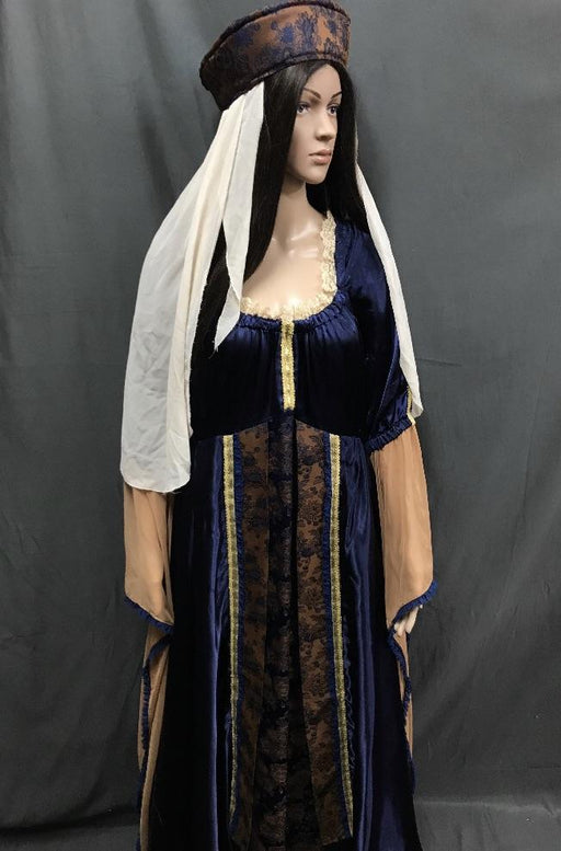 Medieval Blue Dress with Floral Pattern Panel - Hire - The Costume Company | Fancy Dress Costumes Hire and Purchase Brisbane and Australia