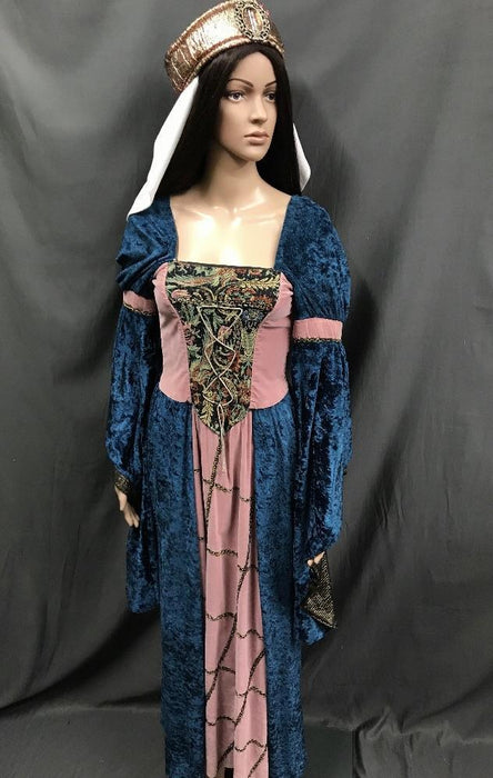 Medieval Blue Velvet Noble Dress with Musk Pink Panel - Hire - The Costume Company | Fancy Dress Costumes Hire and Purchase Brisbane and Australia