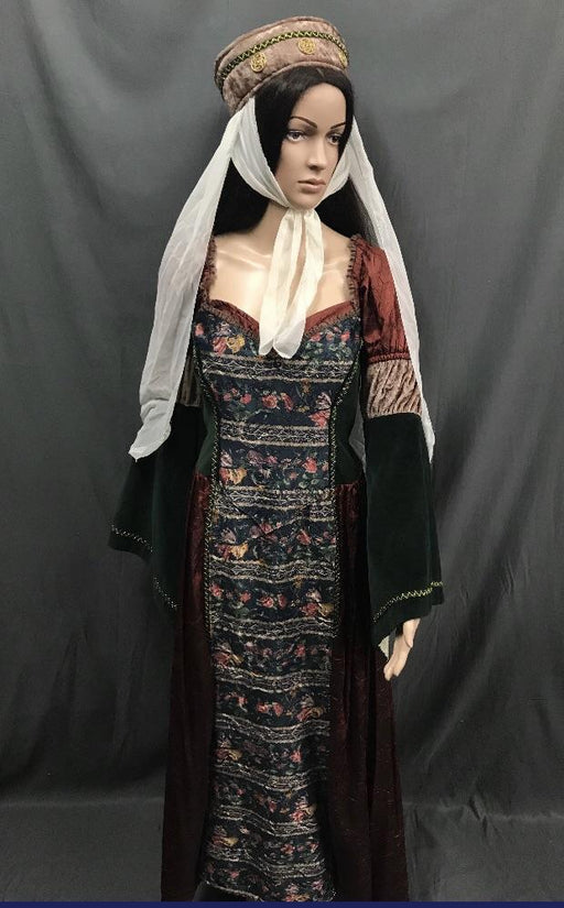 Medieval Long Dark Green with Beautiful Floral Panel Princess Dress - Hire - The Costume Company | Fancy Dress Costumes Hire and Purchase Brisbane and Australia