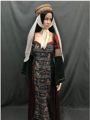 Medieval Long Dark Green with Beautiful Floral Panel Princess Dress - Hire - The Costume Company