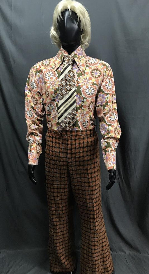 60-70s Mens Costume - Pattern Shirt with Brown Flares - Hire - The Costume Company | Fancy Dress Costumes Hire and Purchase Brisbane and Australia