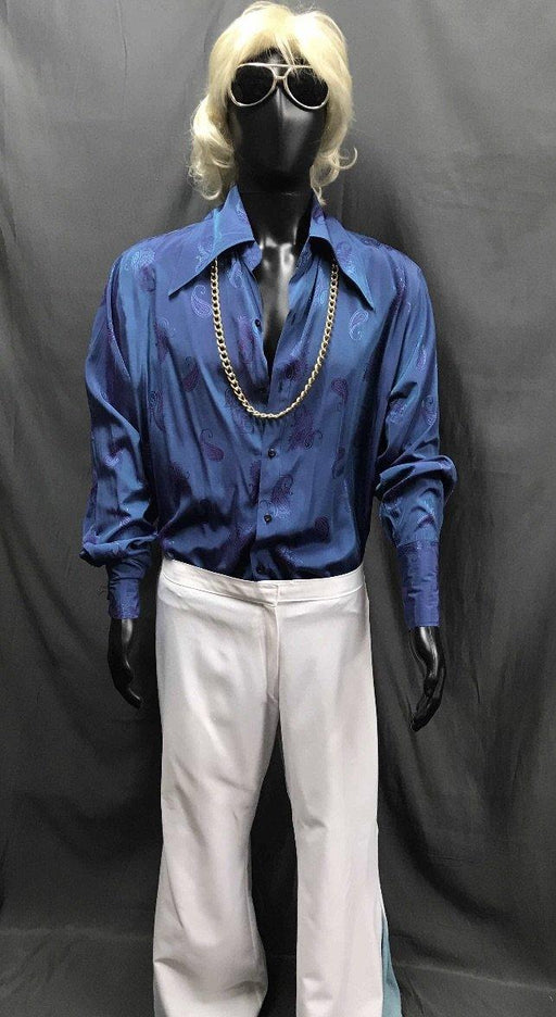 60-70s Mens Disco Costume - Blue Shirt with White Flares - Hire - The Costume Company | Fancy Dress Costumes Hire and Purchase Brisbane and Australia