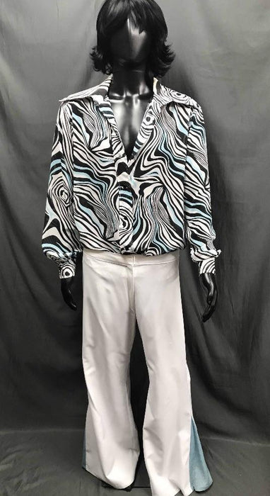 60-70s Mens Disco Costume - Blue White Pattern Shirt with White Flares - Hire - The Costume Company | Fancy Dress Costumes Hire and Purchase Brisbane and Australia