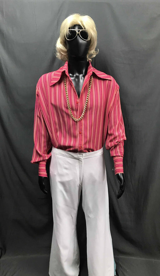 60-70s Mens Disco Costume - Red Stripe Shirt with White Flares - Hire - The Costume Company | Fancy Dress Costumes Hire and Purchase Brisbane and Australia