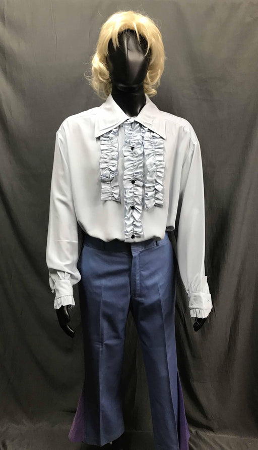 60-70s Mens Disco Costume - White Long Sleeve Ruffled Shirt with Blue and Purple Flares - Hire - The Costume Company | Fancy Dress Costumes Hire and Purchase Brisbane and Australia