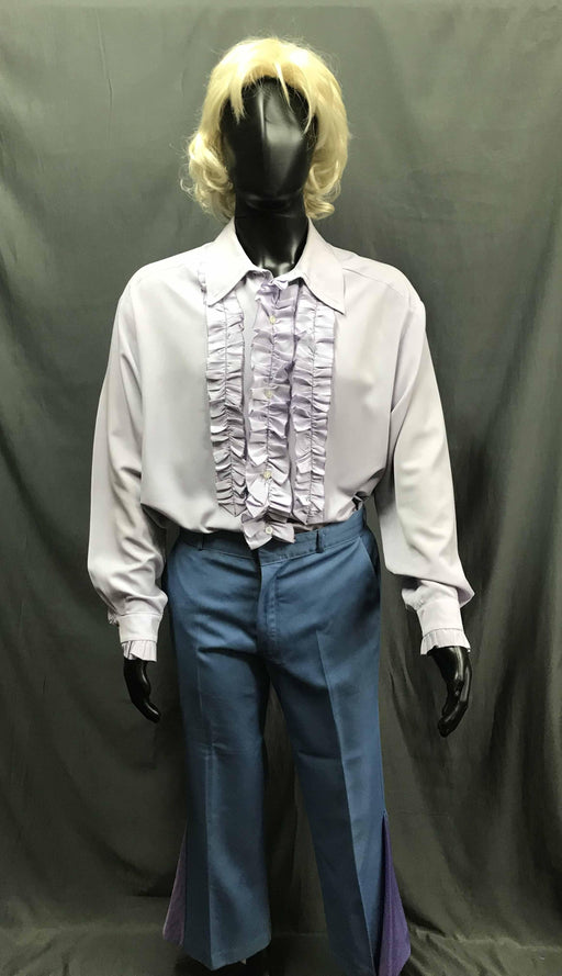 60-70s Mens Disco Costume - White Long Sleeve Shirt with Blue Flares - Hire - The Costume Company | Fancy Dress Costumes Hire and Purchase Brisbane and Australia