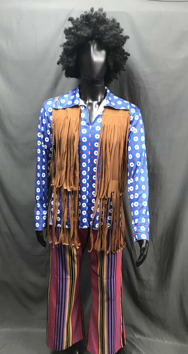 60-70s Mens Hippie Costume - Brown Tassel Vest with Coloured Flares - Hire - The Costume Company | Fancy Dress Costumes Hire and Purchase Brisbane and Australia