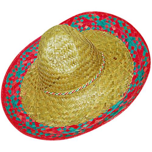 Mexican Sombrero Natural with Red Pattern Edge - The Costume Company | Australian & Family Owned