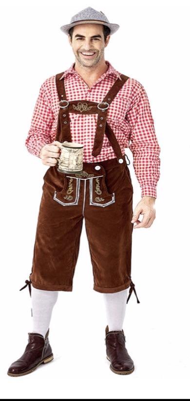 Oktoberfest Suede Look Men's Brown Lederhosen with Pockets and Red Shirt - The Costume Company | Fancy Dress Costumes Hire and Purchase Brisbane and Australia