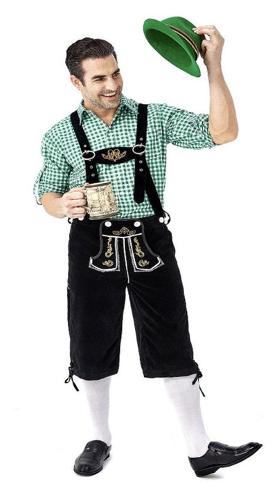 Oktoberfest Suede Look Men's Black Lederhosen with Pockets and Green Shirt - The Costume Company | Fancy Dress Costumes Hire and Purchase Brisbane and Australia