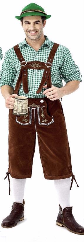 Oktoberfest Suede Look Men's Brown Lederhosen with Pockets and Green Shirt - The Costume Company | Fancy Dress Costumes Hire and Purchase Brisbane and Australia