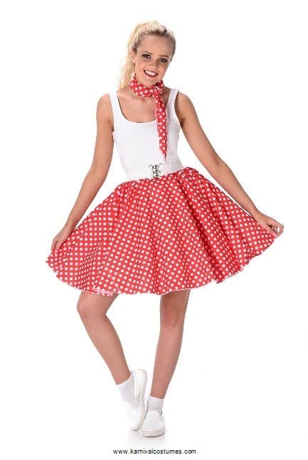 Red Rockabilly Polka Dot Skirt + Neck Scarf | The Costume Company