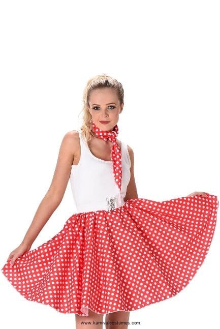 Red Rockabilly Polka Dot Skirt + Neck Scarf | The Costume Company
