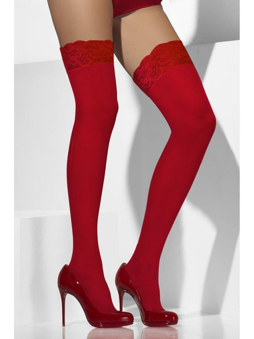 Sheer Red Hold-Ups with Lace Tops | Buy Online - The Costume Company | Australian & Family Owned 