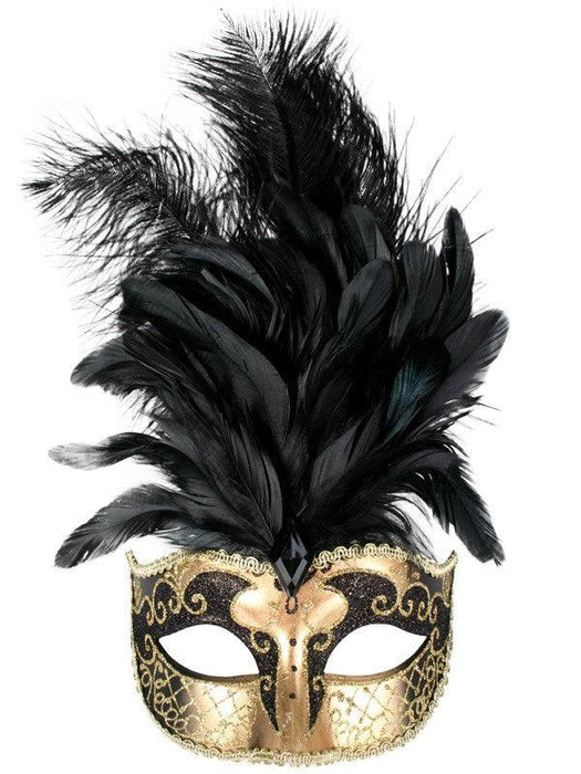 Sienna Black and Gold with Feathers Eye Mask - The Costume Company